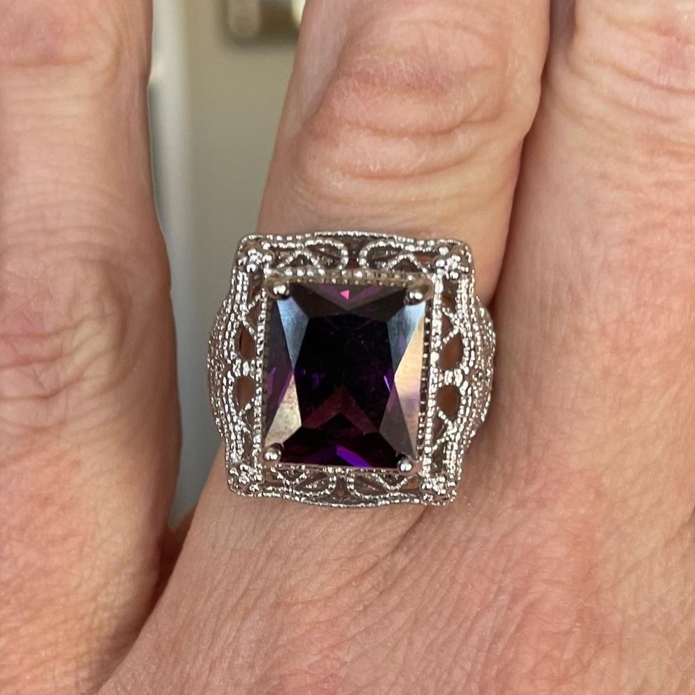 NEW! Solid sterling silver stamped 925 size 6 amethyst filigree ring